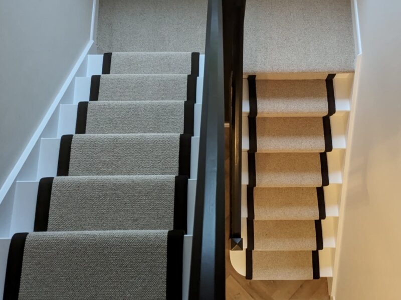 Stair Runner with wool boucle carpet runner in oatmeal colours and black binding.