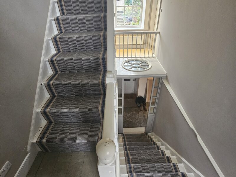 Shabby chic stairs with Milo Indigo runner from Roger Oates Design.