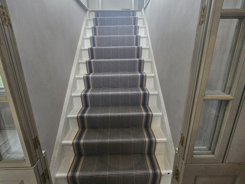 Shabby chic stairs with Milo Indigo runner from Roger Oates Design.